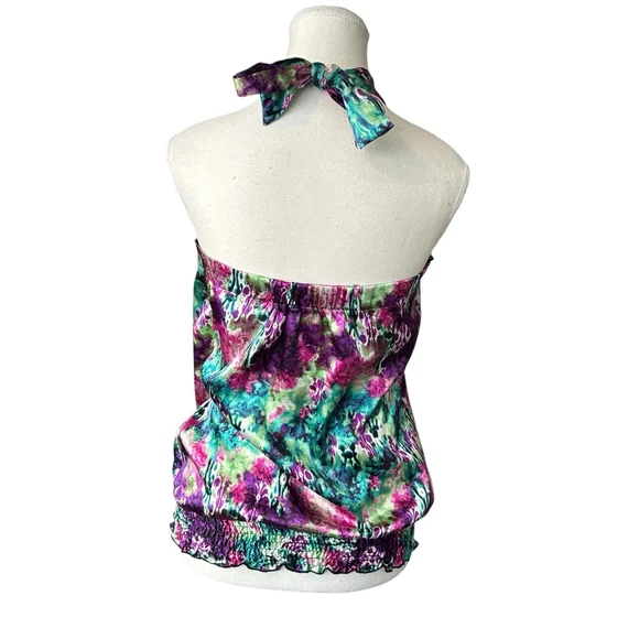 Y2K A. Byer abstract watercolor satin halter top jewel tone - Picture 3 of 4